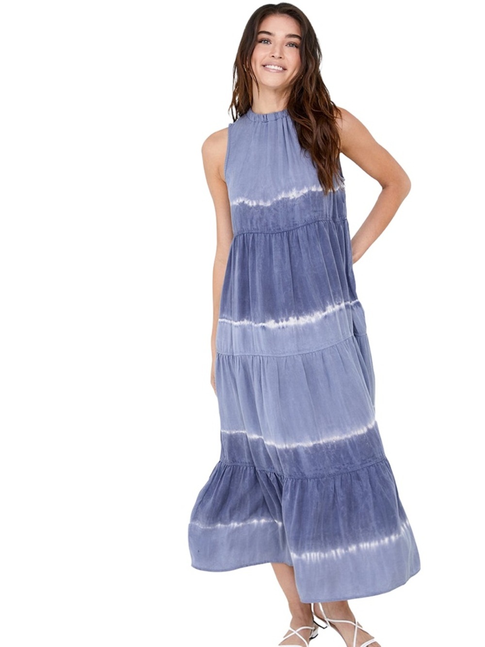 Bella Dahl Indigo Stripe Sleeveless Tiered Midi Dress, Size S